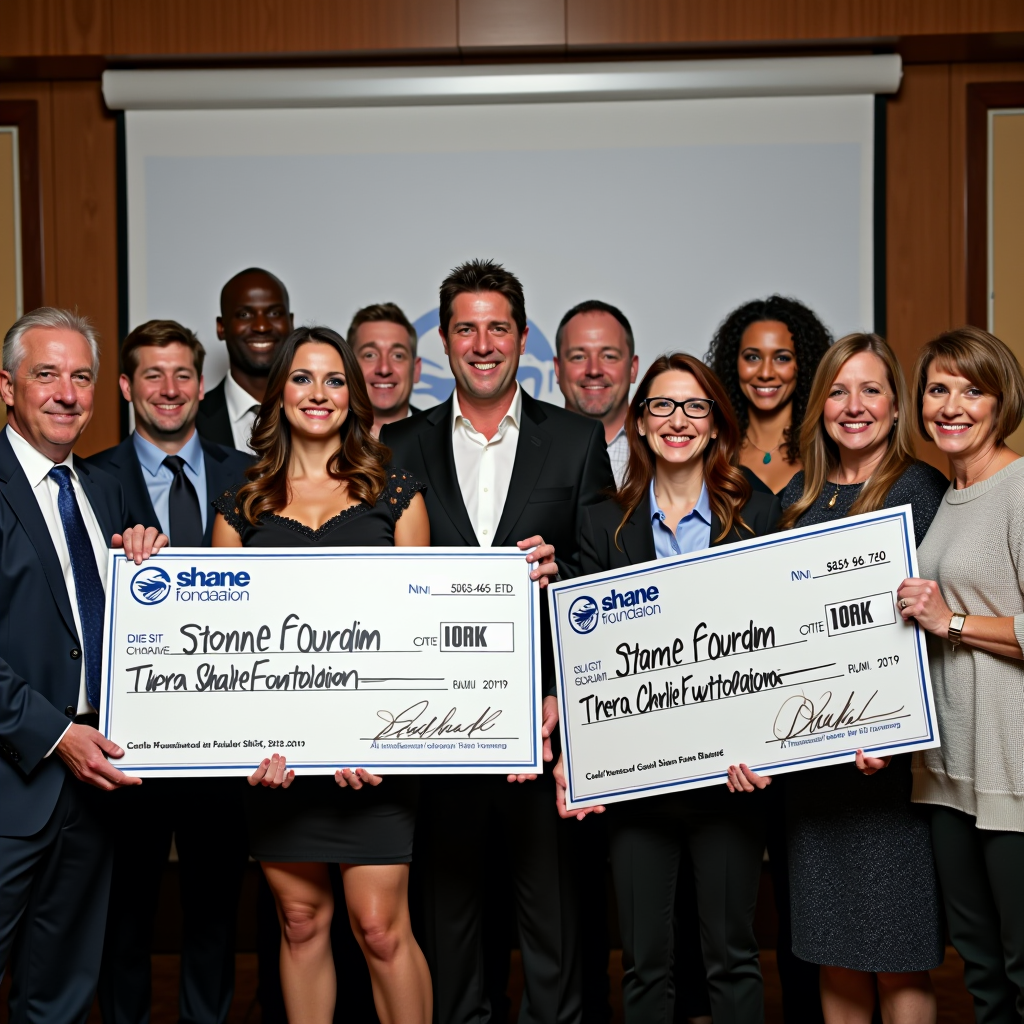 Shane Foundation leadership presenting oversized ceremonial checks to diverse group of grant recipients including educators, students, and community leaders at formal award ceremony with foundation banner in background