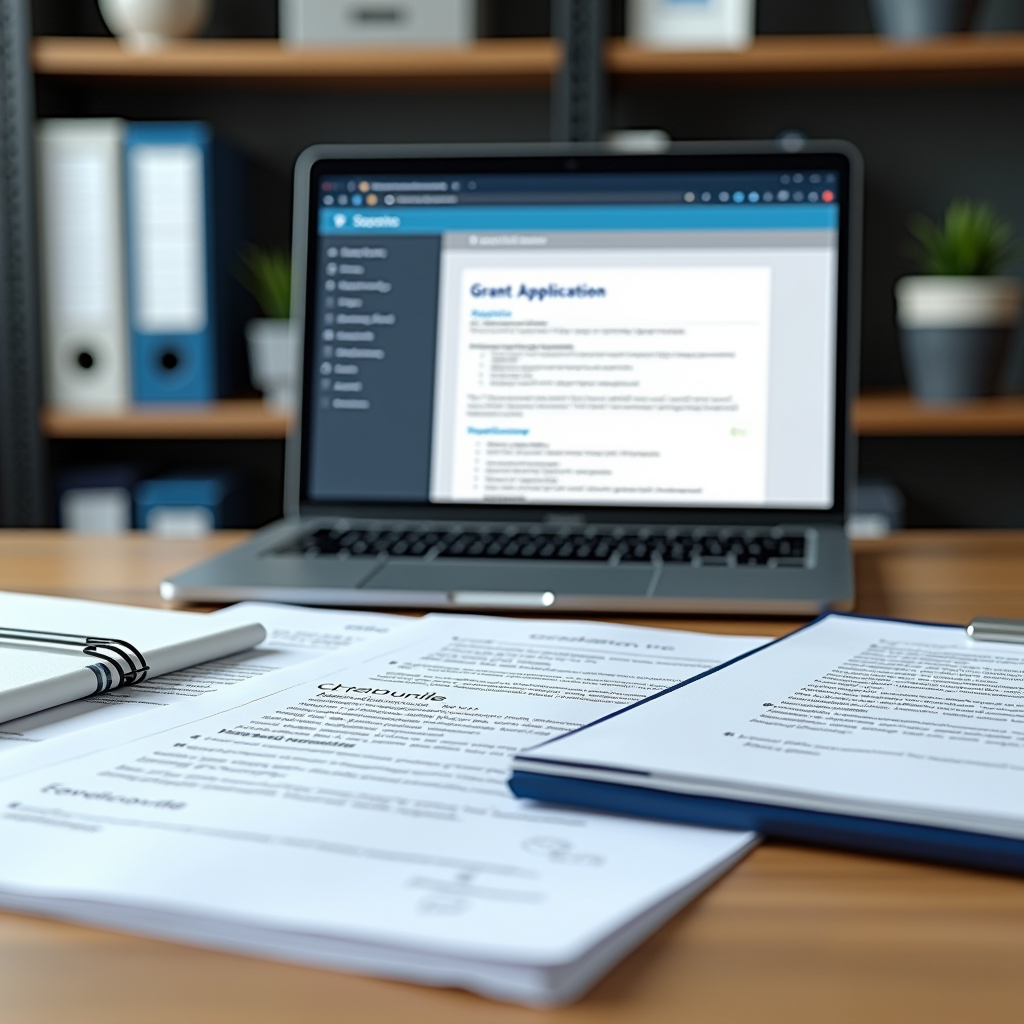 Professional office desk with grant application documents, laptop displaying online application form, organized folders, and Shane Foundation Inc letterhead, conveying structured and accessible funding process