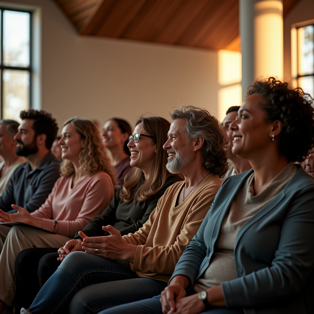 Diverse faith community members gathered together in a modern worship space, showing people of different ages engaged in community activities, with warm lighting and welcoming atmosphere