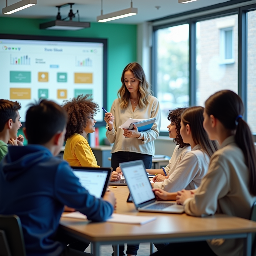 Bright classroom with diverse students engaged in learning, modern educational technology including tablets and interactive whiteboards, teacher facilitating collaborative project, representing educational excellence and opportunity