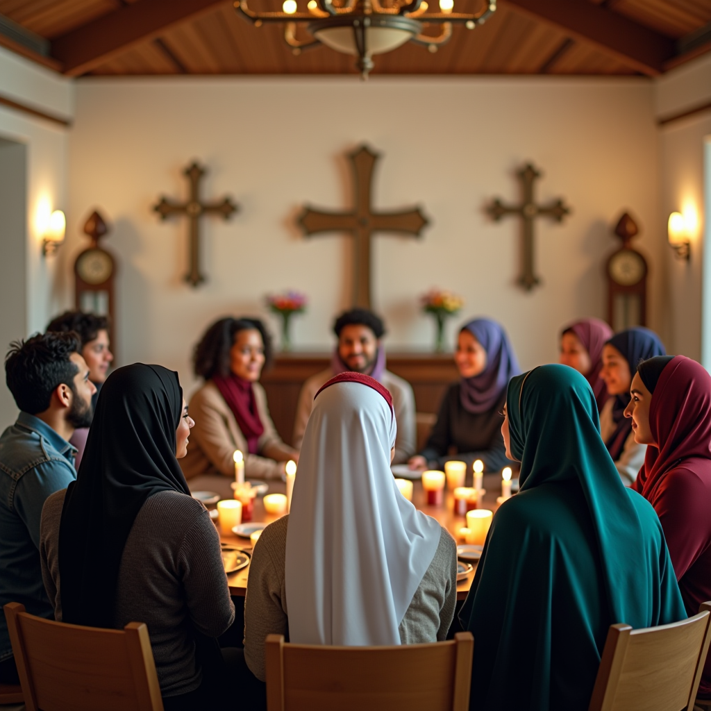 Diverse community members of different faiths gathering together in a welcoming community center space, with religious symbols representing various traditions, illustrating interfaith dialogue and cultural understanding supported by the Shane Foundation