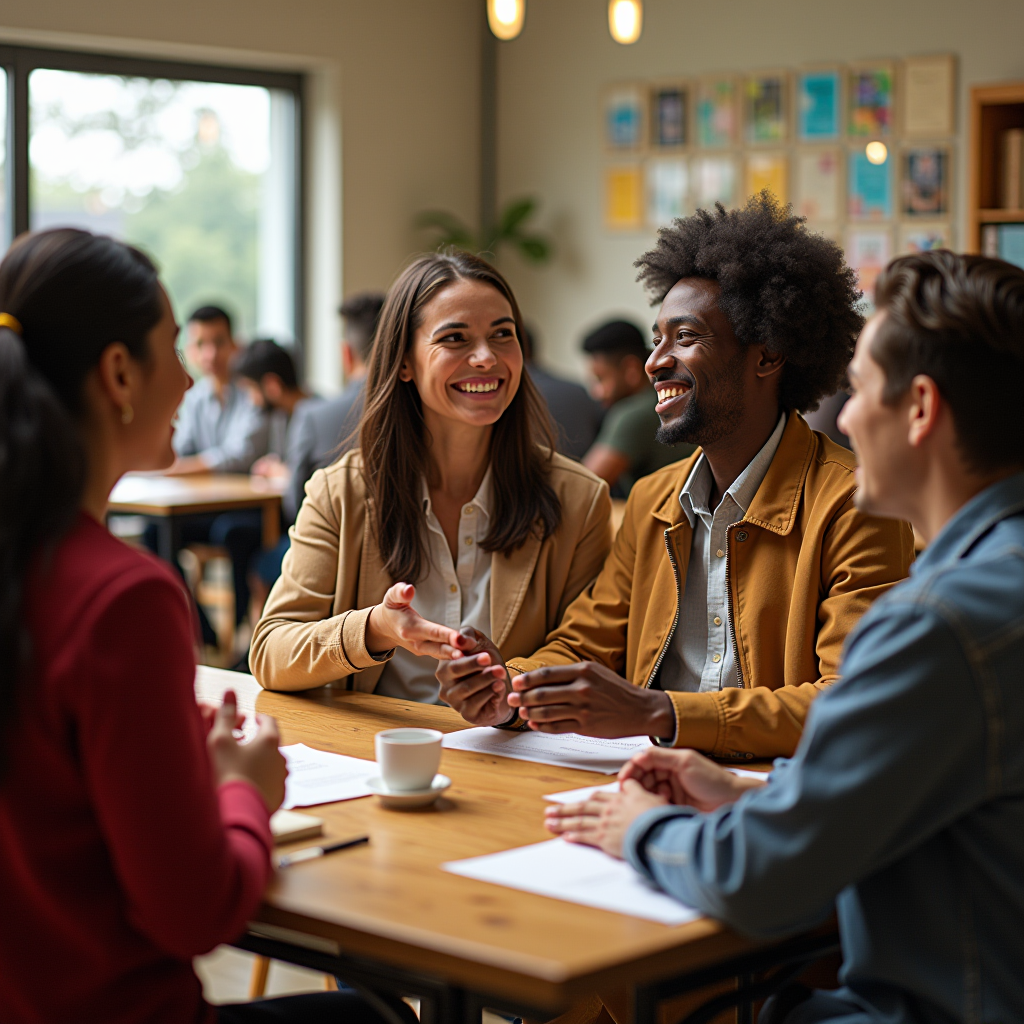 Welcoming community faith center with diverse congregation members volunteering together, food pantry distribution, youth ministry activities, and interfaith dialogue session, showing community service and spiritual growth